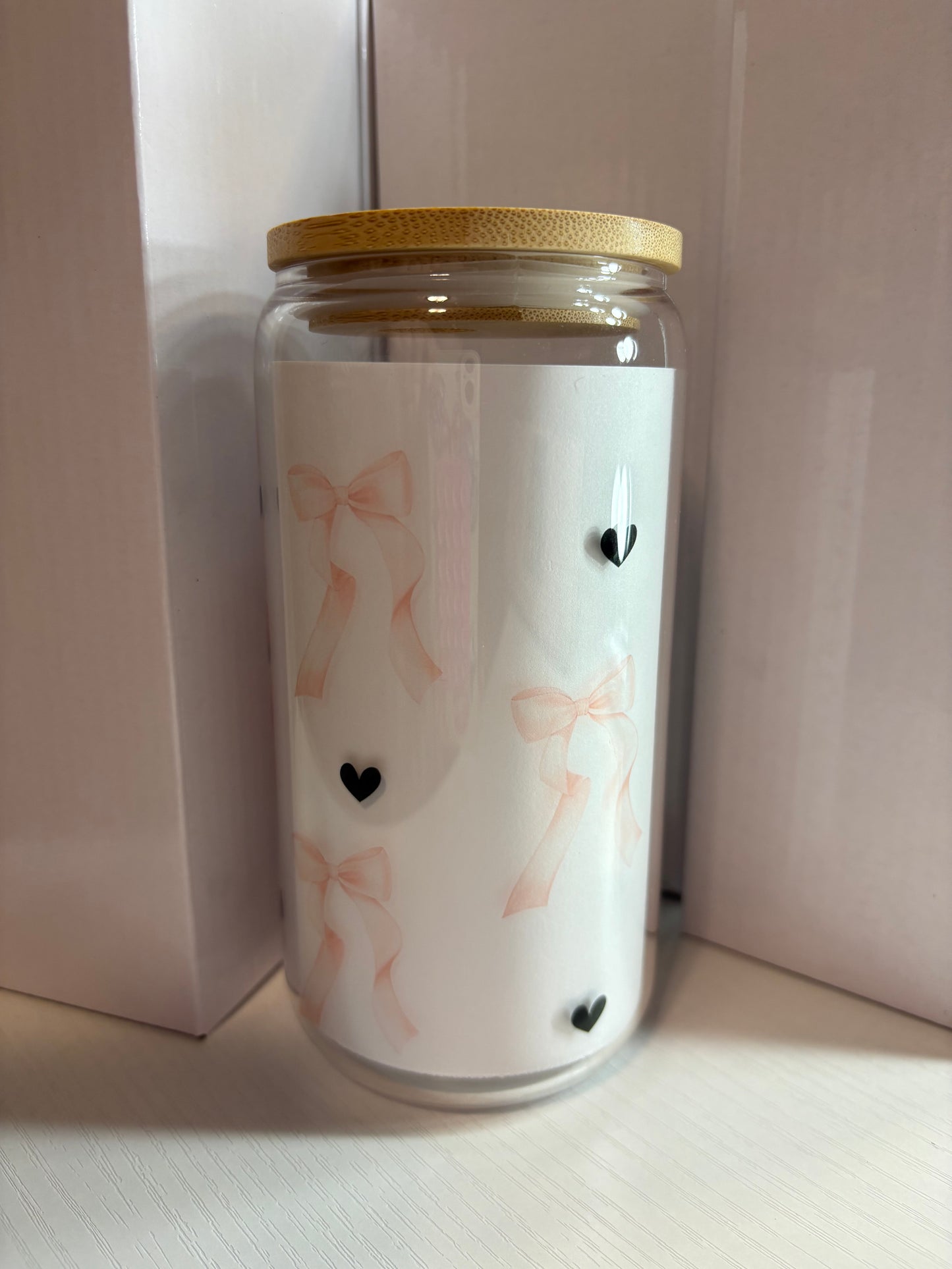 Pink Bow 16oz Glass Cup